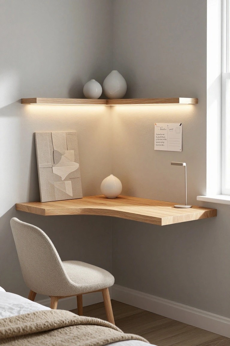 A light wooden floating corner desk with a matching illuminated shelf above it, a beige upholstered chair, and minimal decor against neutral gray walls.