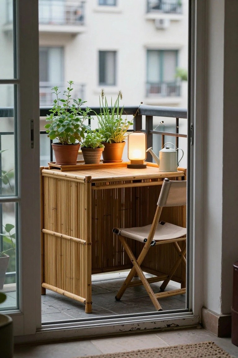 A bamboo desk with potted plants and a lamp sits on a balcony next to a folding chair.
