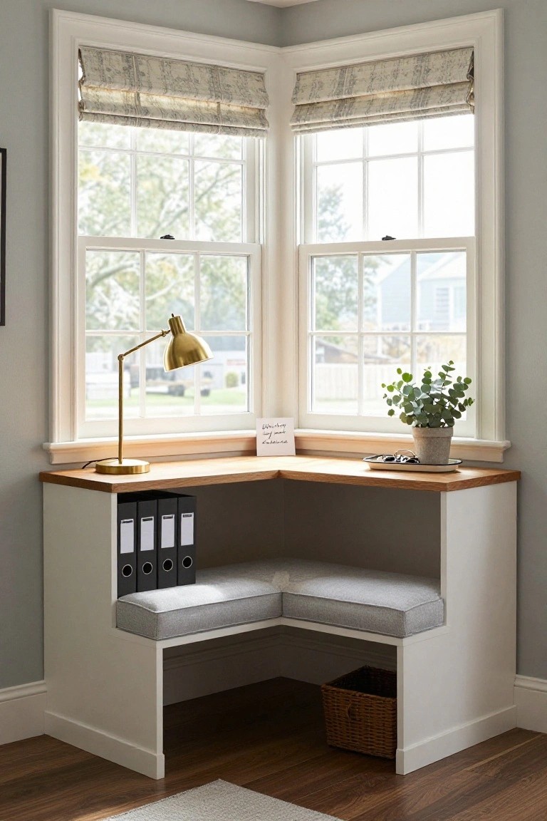 A white built-in corner desk with a wooden top, gray cushioned bench seating, black binders stored below, and two windows above.