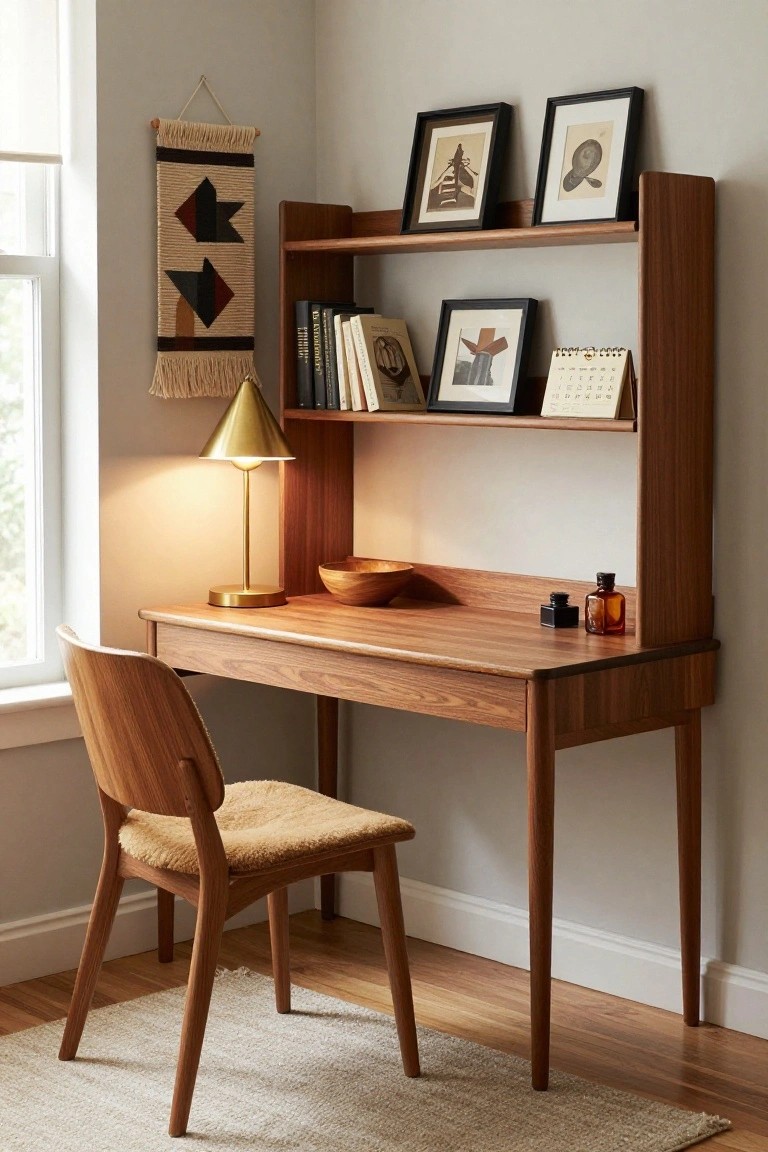 Mid-century wooden desk with chair, brass lamp, and wall shelf decor.
