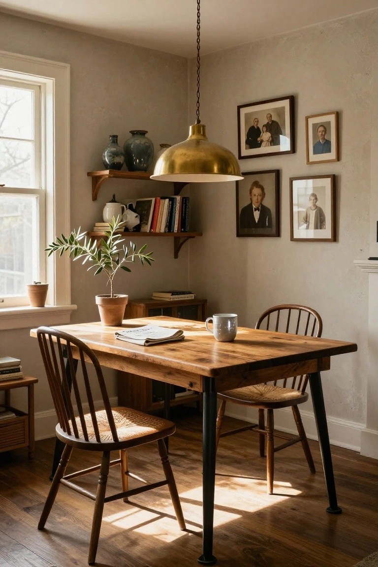 Wooden dining table with chairs under brass pendant light in sunlit room.