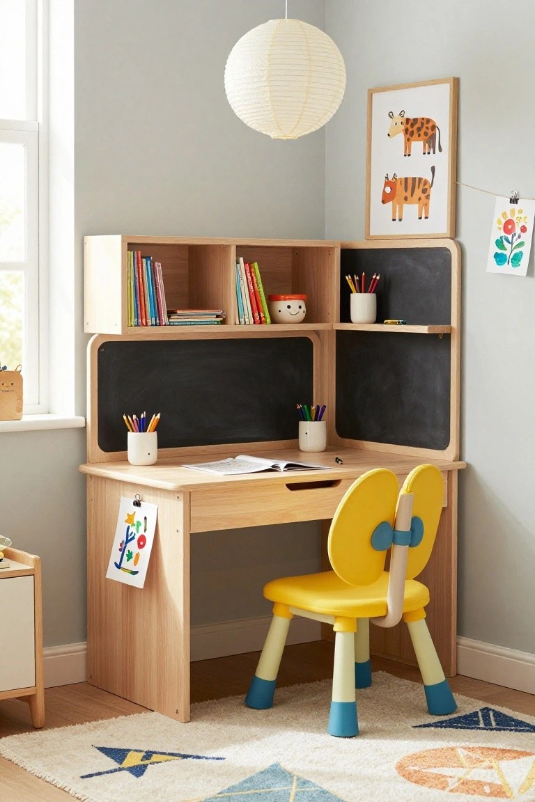 Child's wooden desk with chalkboards, yellow chair, books, and drawings.