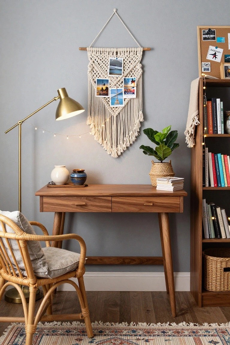 Wooden desk with macrame wall hanging, rattan chair, and bookshelf.