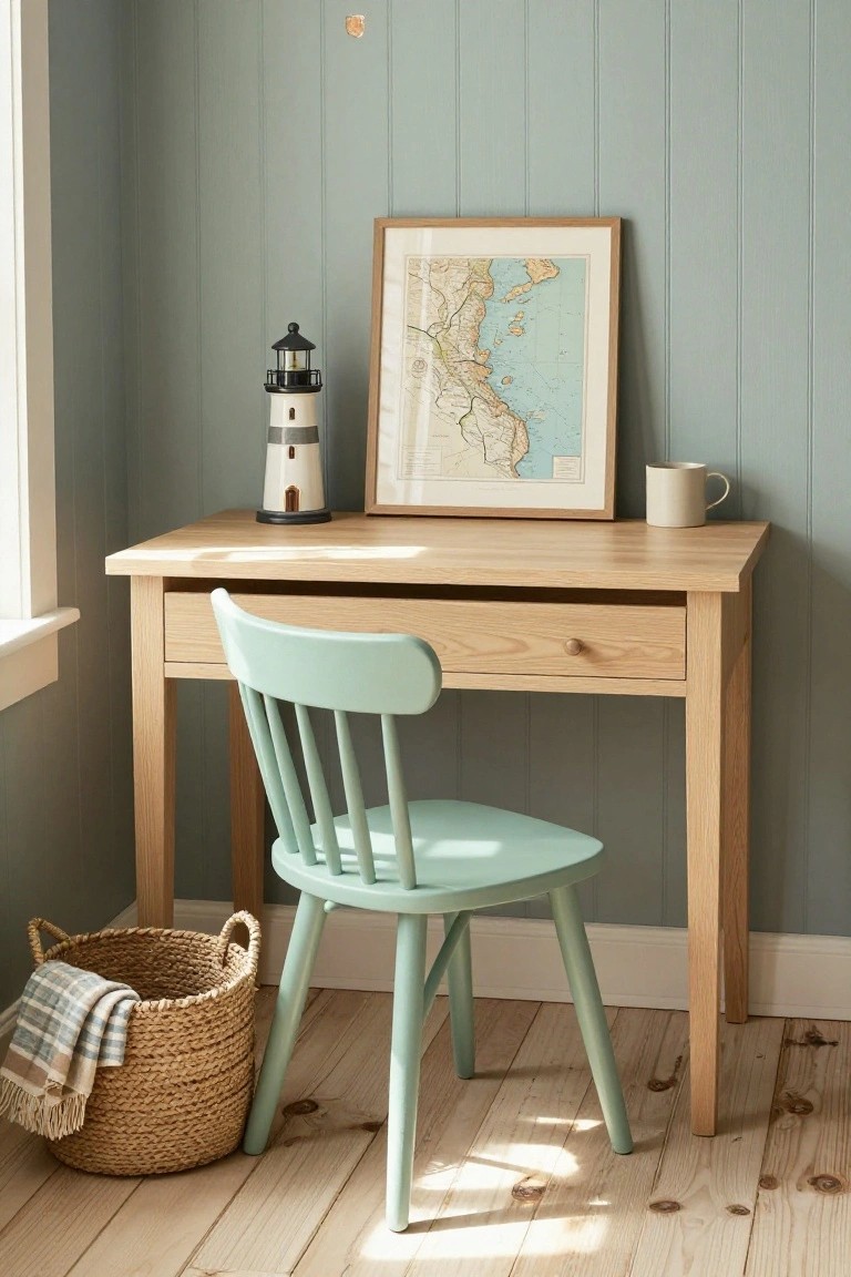 A light wooden desk with one drawer stands against a pale green paneled wall, paired with a mint green wooden chair, a framed map, and a small lighthouse model on the surface.