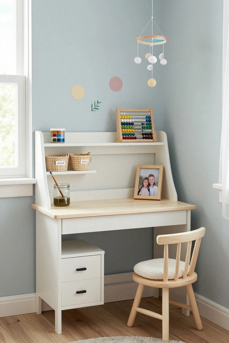 A white and light wood corner desk with drawers, shelves holding baskets, an abacus, and a framed photo, paired with a wooden chair in a light blue room.