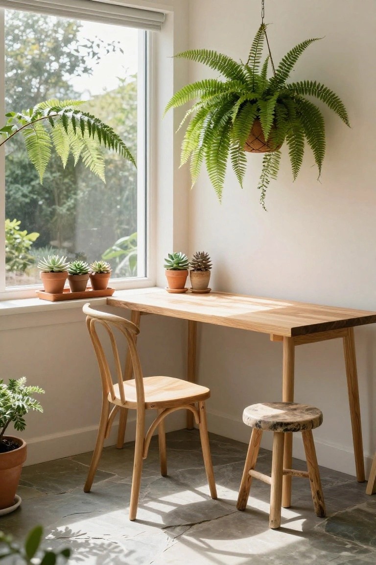 A light wooden desk with a matching chair and stool placed against a wall beneath a large window, surrounded by potted succulents on the sill and a large hanging fern.
