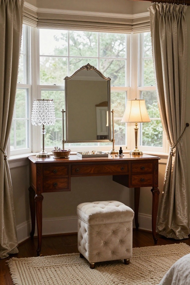 Elegant wooden vanity with tufted stool in bay window.