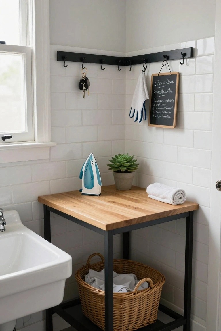 A wooden table with black metal legs stands in the corner of a white-tiled laundry room, with an iron and potted plant on top and a wicker basket on the lower shelf.