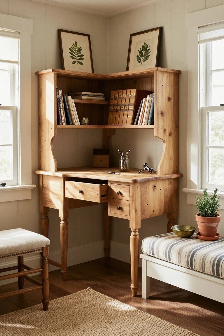 A light wooden corner desk with open upper shelves, drawers, and books placed between two windows in a sunlit room.