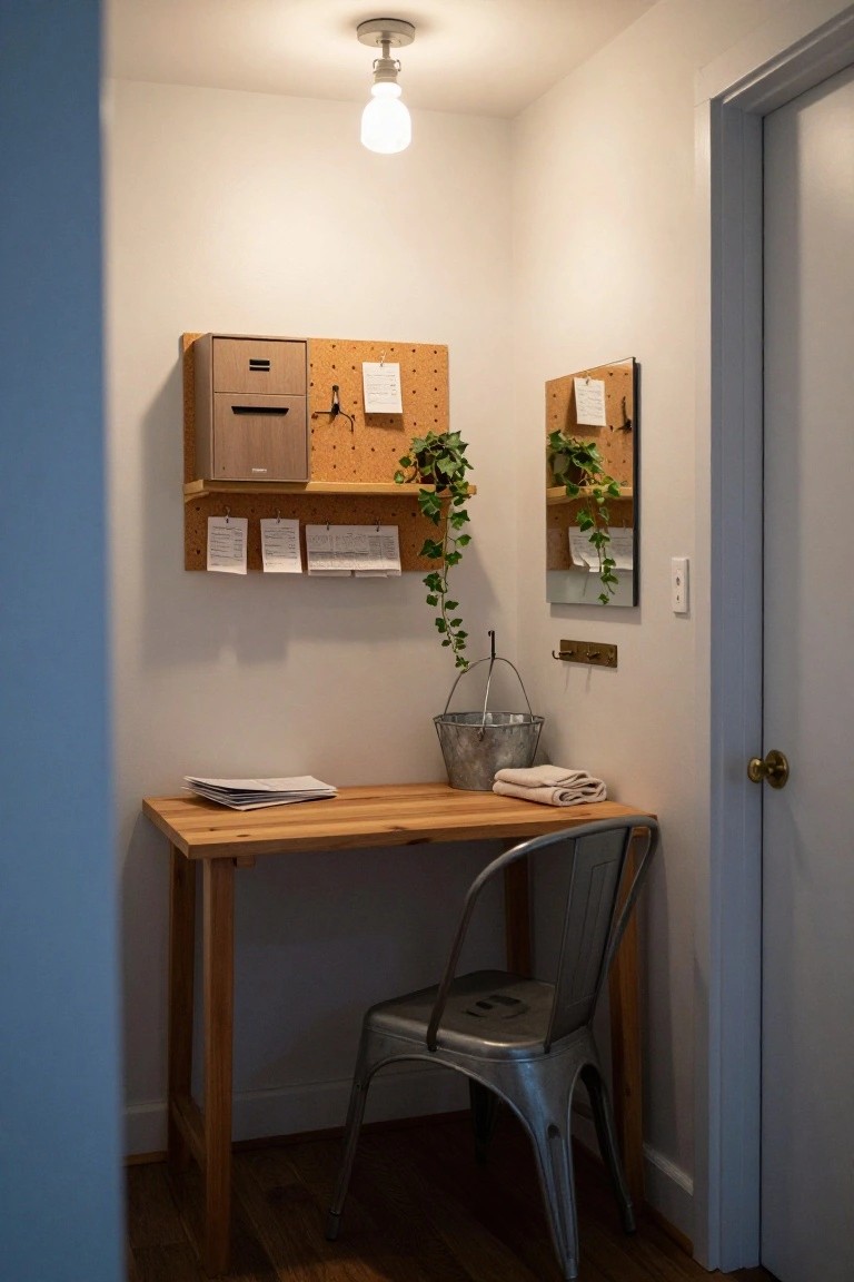 Wooden desk with metal chair, corkboards, and hanging plant in nook.