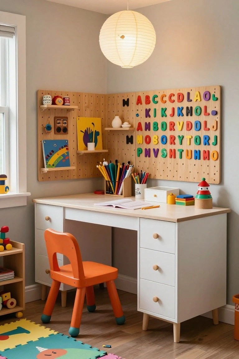 A light wood corner desk with white drawers sits in a child's room beneath a pegboard wall displaying colorful alphabet letters and small shelves.