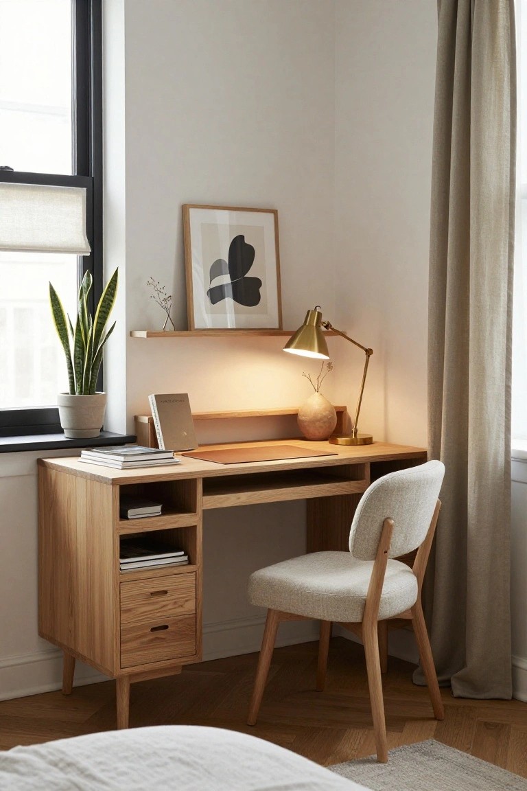 A light wood corner desk with open shelves and drawers sits against two walls next to a window, paired with a fabric chair and a brass desk lamp.