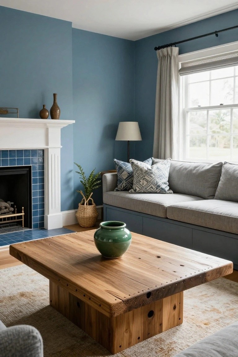 Living room interior with blue walls, white fireplace mantel surround with blue tiles and fire grate, built-in low gray sofa with blue pillows, wooden coffee table holding green vase, floor lamp, plants, beige rug, hardwood floor, and window with linen curtains.