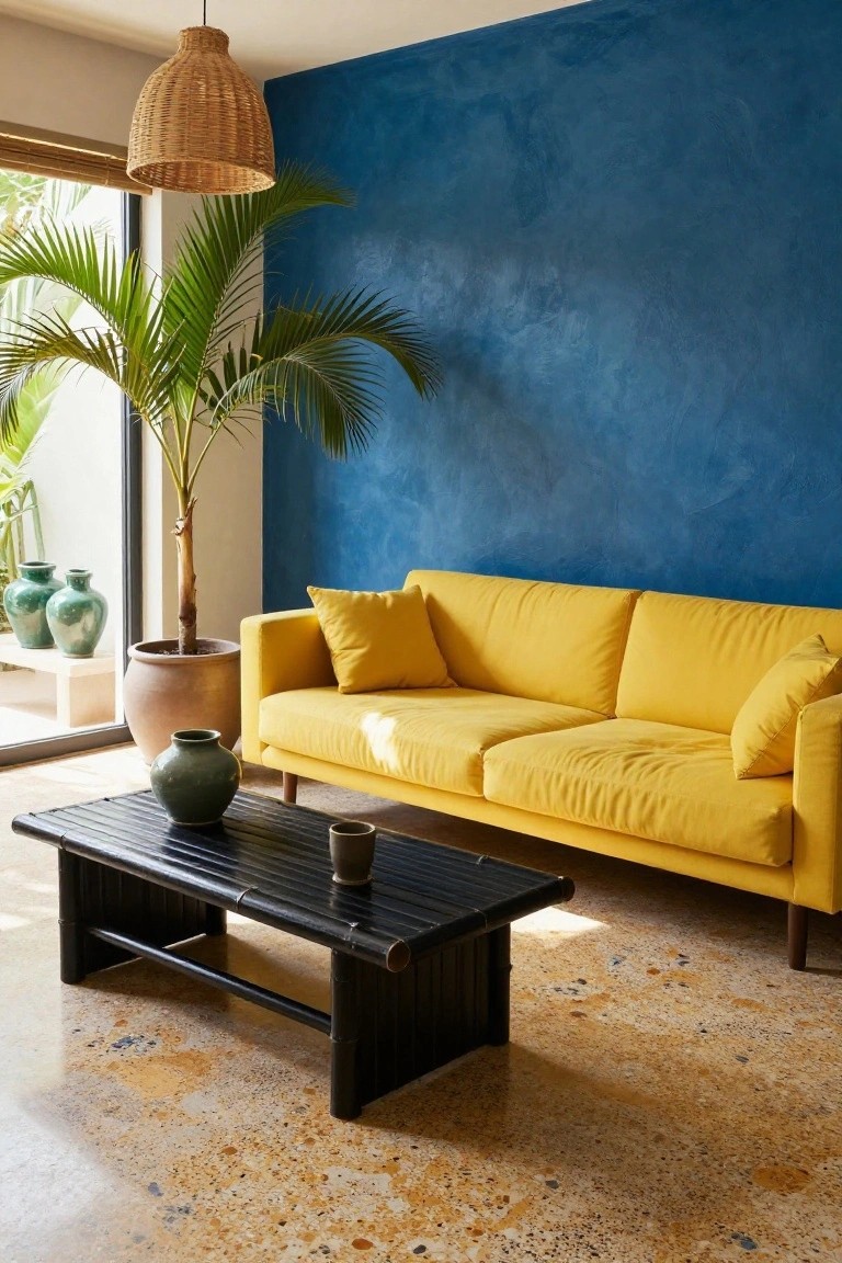 Bright yellow sofa against blue wall with bamboo coffee table and potted palm.