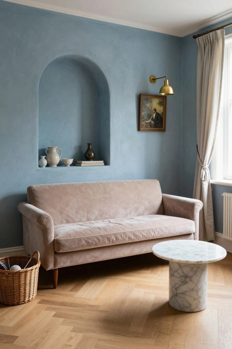 Living room with soft blue walls featuring an arched niche holding white and clear ceramics and a book, blush pink velvet sofa, round white marble pedestal table, wicker basket with yarn on herringbone oak floors, gold wall lamp, and beige curtains by a window.