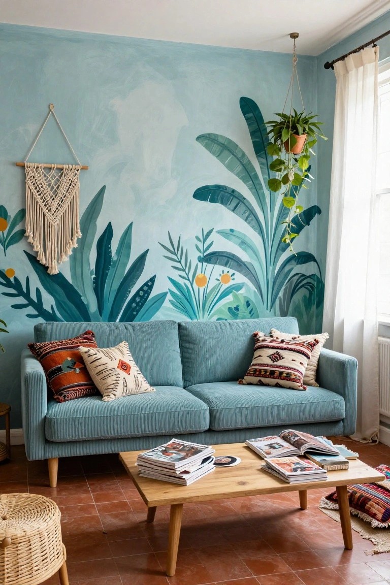 Pastel blue living room wall with hand-painted tropical green leaves and orange accents, blue corduroy sofa with patterned pillows, wooden coffee table with magazines, terracotta tile floor, macrame hanging, and potted plants.