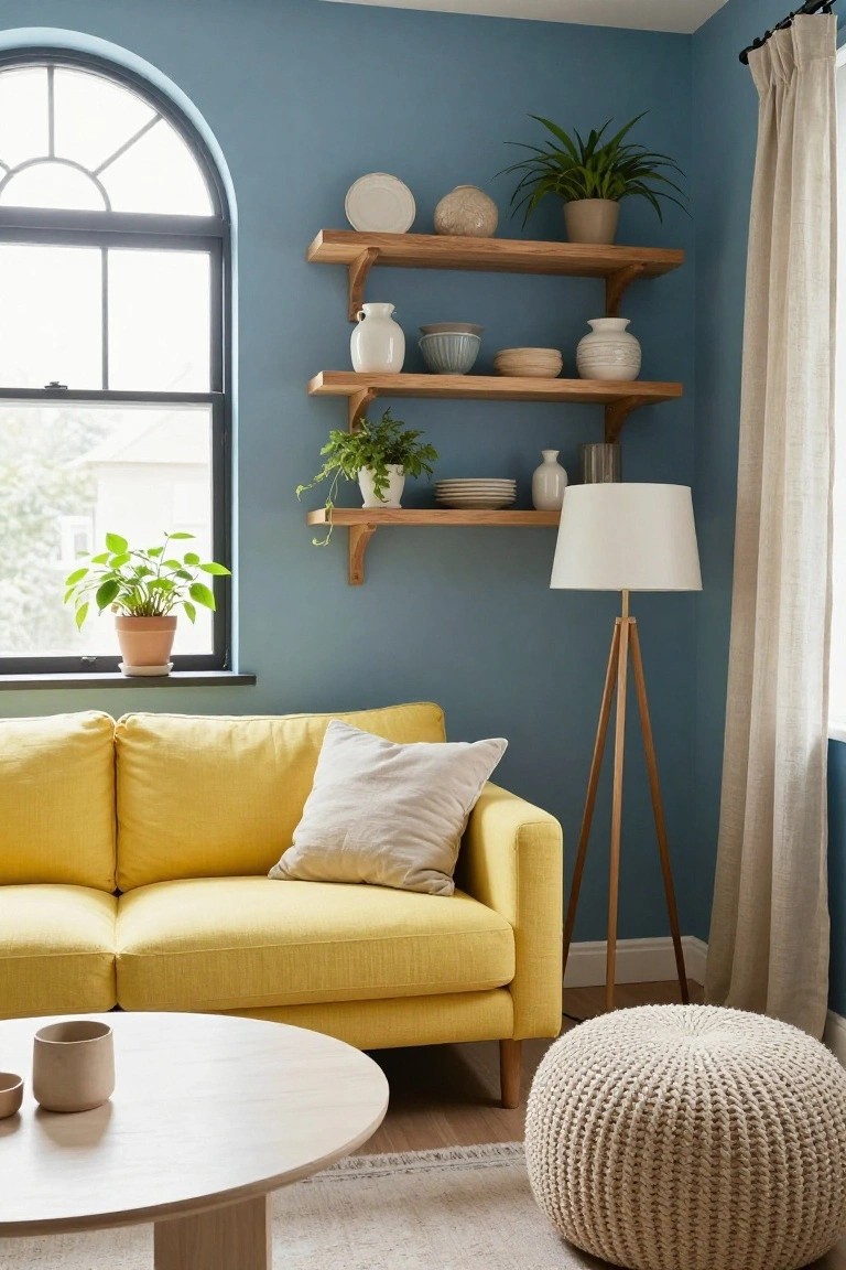 Living room with teal blue walls, mustard yellow two-seater sofa, wooden floating shelves displaying white ceramics, pots, and potted plants, tripod floor lamp, round light wood coffee table, cream knitted pouf, and arched black-framed window.