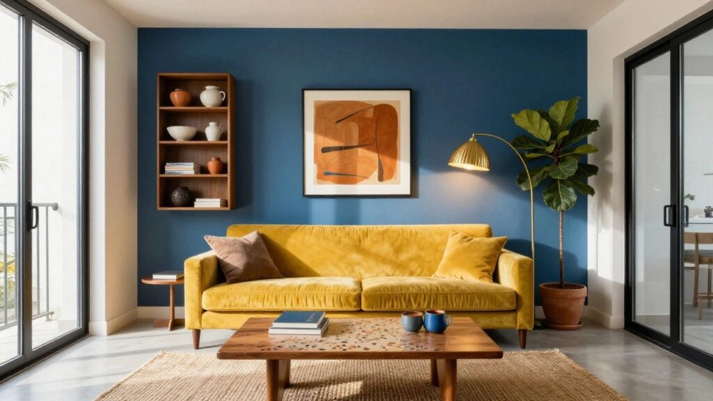 Living room with mustard yellow velvet sofa, deep burgundy walls, wooden bookshelves with ceramics and vases, fiddle leaf fig plant in terracotta pot, wooden coffee table holding bowls and plates, gold arched floor lamp, and seagrass rug.