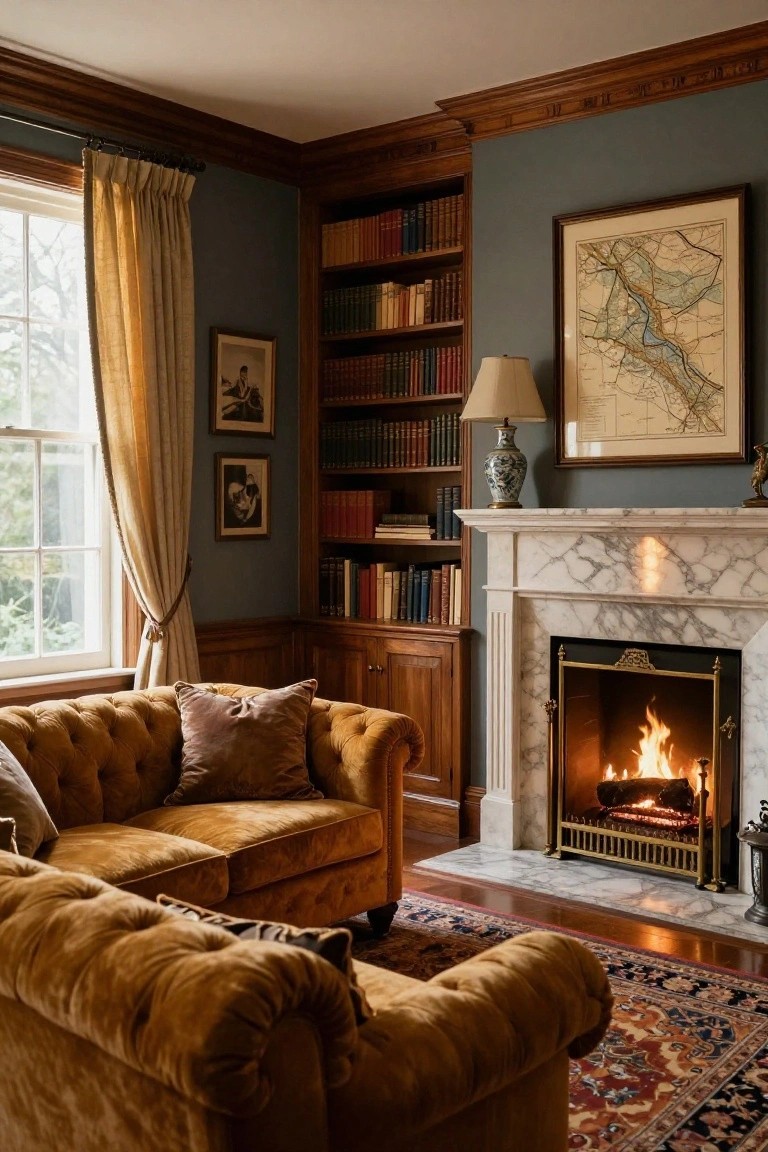 Corner of a living room with tufted mustard yellow sofa, marble fireplace with burning fire, wooden bookshelves on blue walls, framed map, lamp, and window with beige curtains.