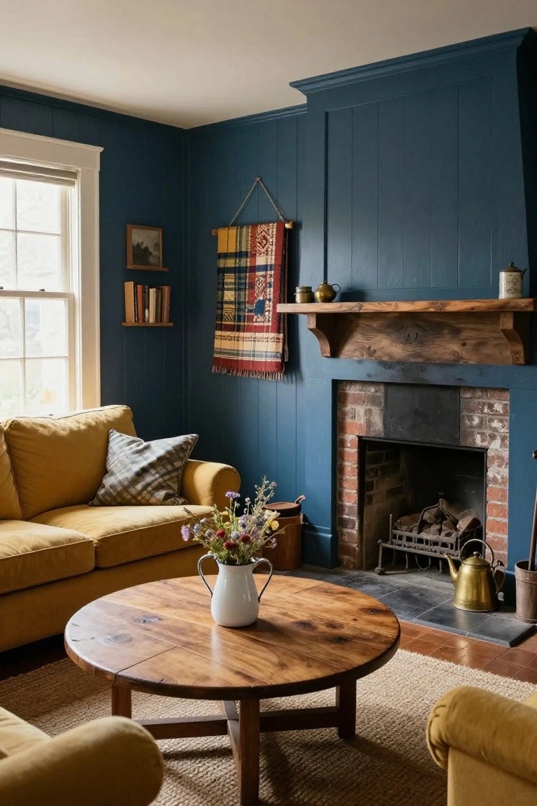Living room with navy blue paneled walls, mustard yellow sofa, round wooden coffee table holding a white pitcher of flowers, brick fireplace under wooden mantel shelf, yellow armchair, woven rug, and assorted ceramics and textiles.