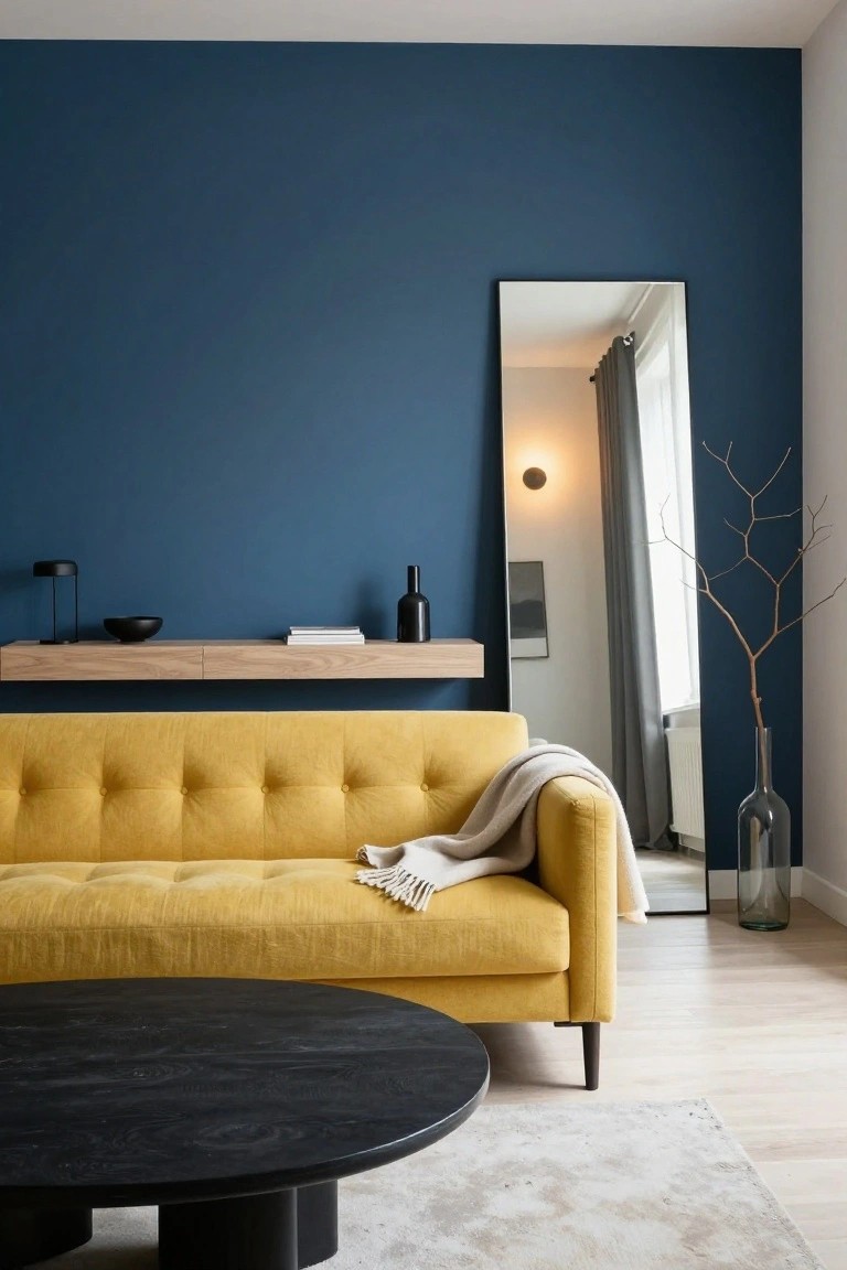 Living room with navy blue wall, tufted mustard yellow sofa with gray throw, black round coffee table on light wood floor, oak floating shelf holding lamp bowl books and bottle, full-length mirror, and tall glass vase with branch.