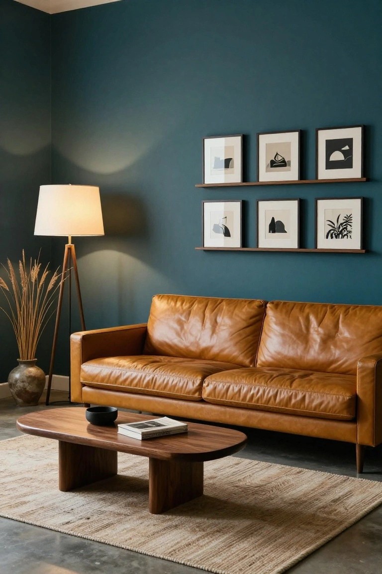 Tan leather two-seater sofa in a living room with teal walls, oval wooden coffee table holding a black bowl and book, tripod floor lamp beside pampas grass in a ceramic pot, beige seagrass rug, and wooden shelves displaying black-framed abstract line drawings.