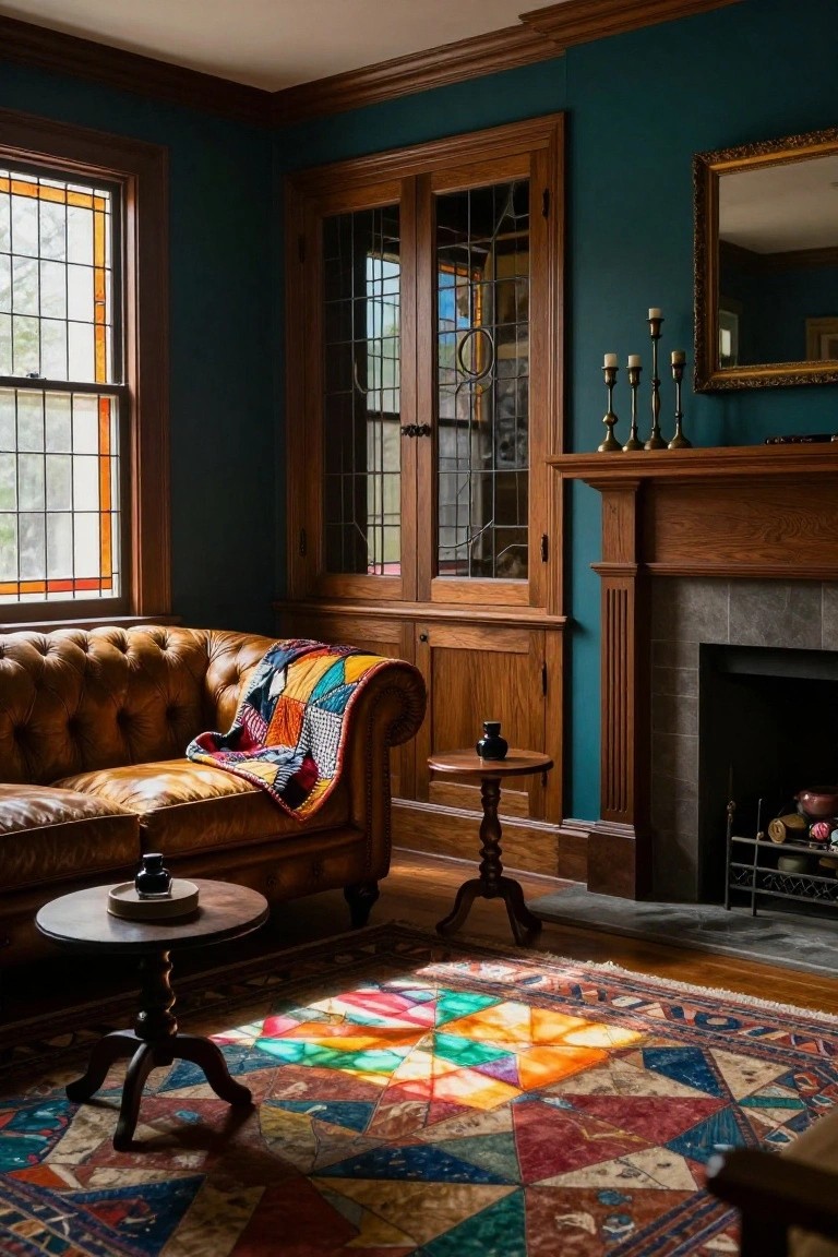 Living room with teal walls, tufted tan leather sofa draped in multicolored patchwork quilt, small round pedestal table with ink bottle, wood bookcase, fireplace, brass candelabras, gilded mirror, and vibrant geometric rug on wood floor lit by stained glass windows.