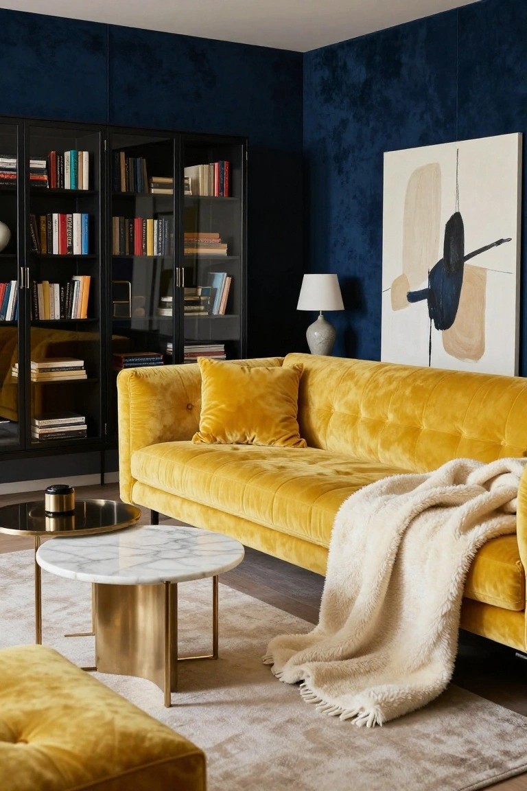 A modern living room corner with a tufted yellow velvet sofa, black glass-door bookshelves filled with books, a round white marble coffee table on gold legs, a matching yellow ottoman, beige throw blanket, navy blue textured walls, white lamp, and abstract painting.