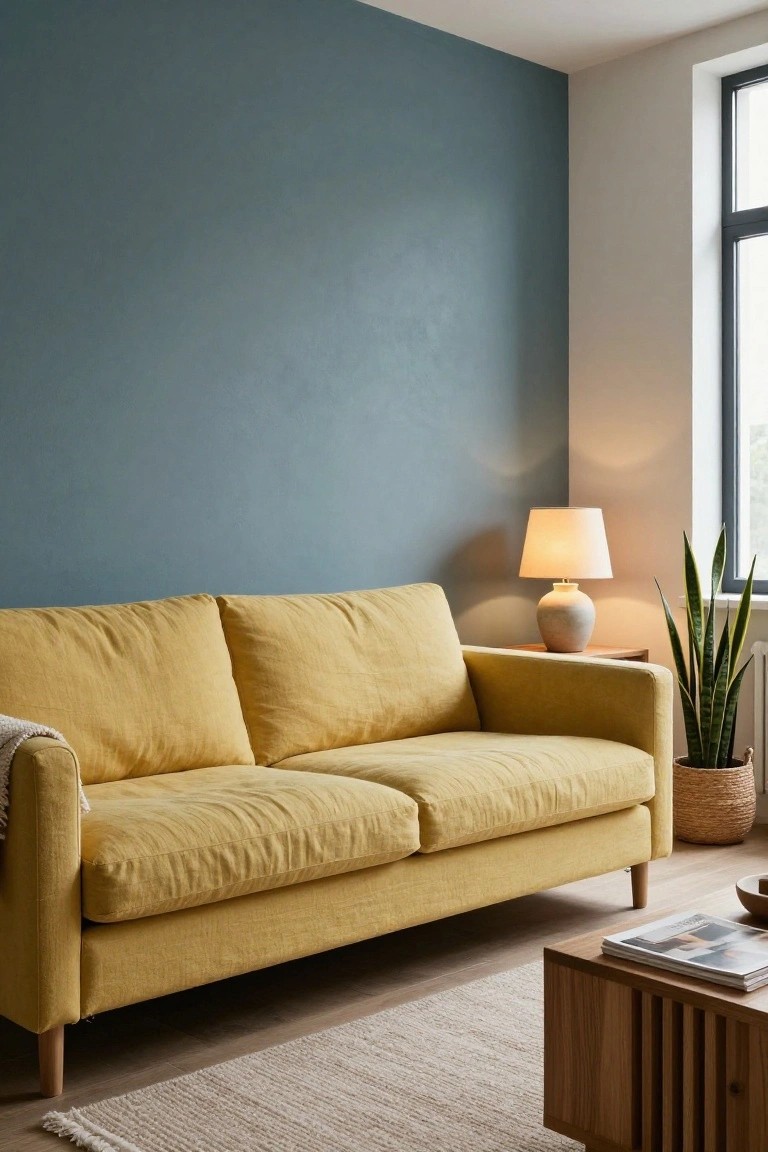 Mustard yellow linen sofa against a teal textured wall in a living room with a ceramic table lamp, potted sansevieria plant, woven basket, low wooden coffee table with magazines, beige rug, and wood floors.