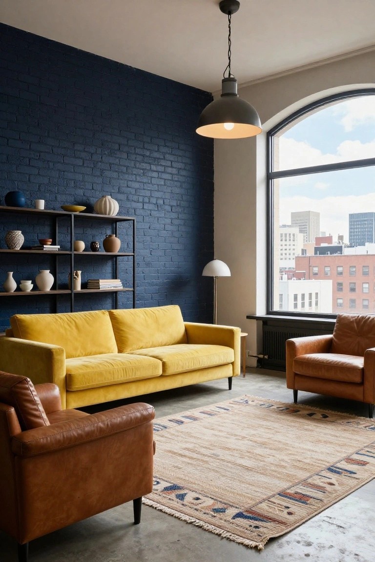 Modern living room with yellow sofa, brown leather chairs, and blue brick wall.