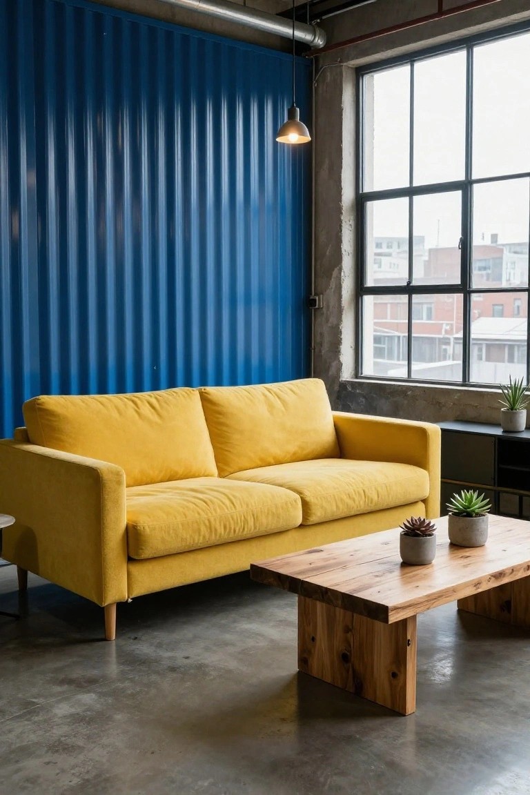 Yellow fabric sofa positioned against a tall blue corrugated metal wall in an industrial living room with wooden coffee table, potted plants, black shelving unit, and large factory windows.
