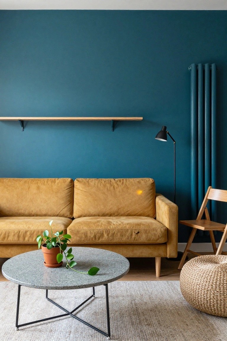 A mustard yellow velvet three-seater sofa in a living room with teal blue walls, beside a round gray coffee table with a potted plant, a wooden folding chair, a black floor lamp, a blue radiator, a wooden shelf, and a woven pouf on a light rug.