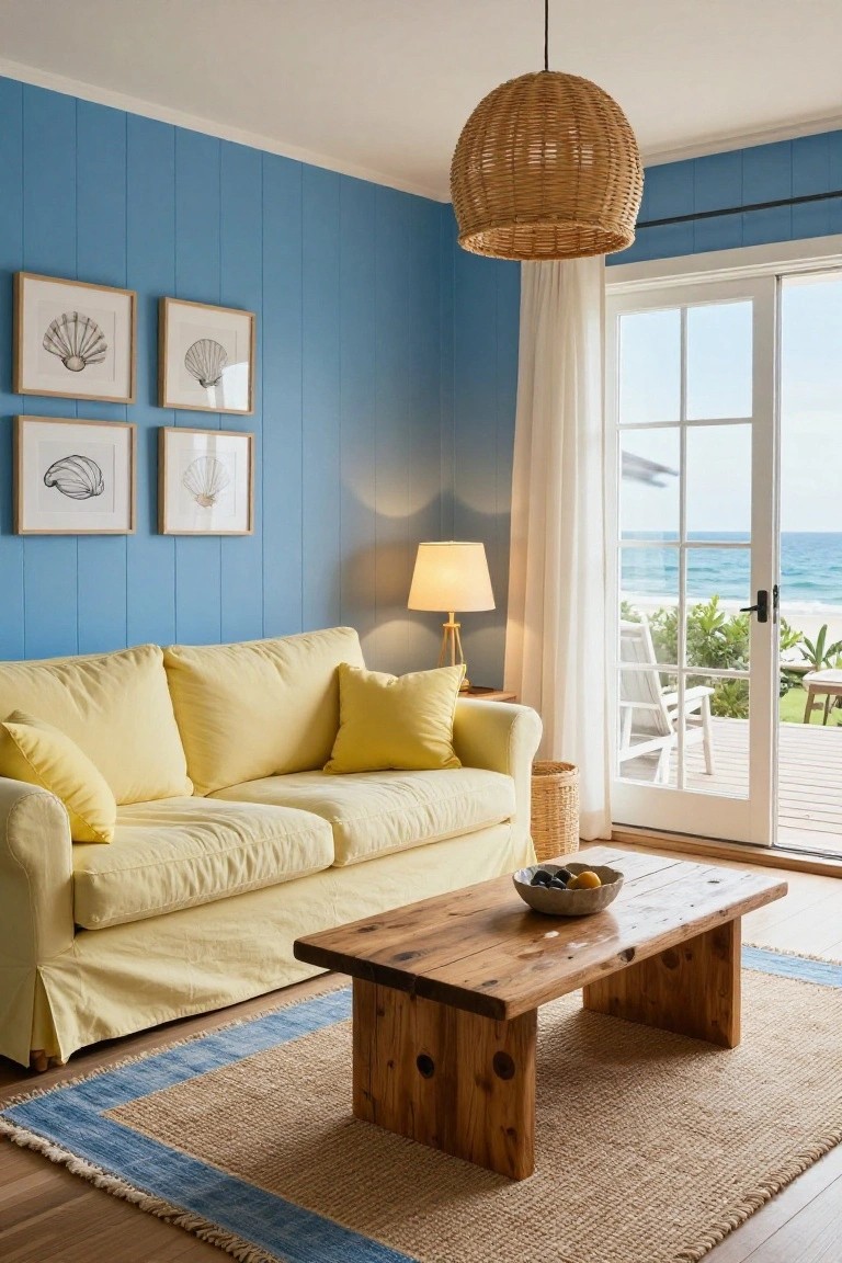 A cozy living room with blue shiplap walls, bright yellow slipcovered sofa, wooden coffee table holding a fruit bowl, rattan pendant light, table lamp, and glass doors opening to an ocean view deck.