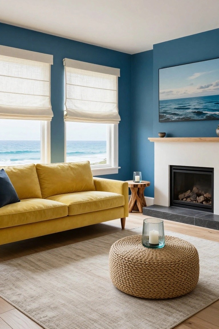 Living room with mustard yellow velvet sofa, deep blue walls, large windows overlooking ocean waves, white fireplace with gas logs, woven rattan pouf, and wood stool on light oak floors.