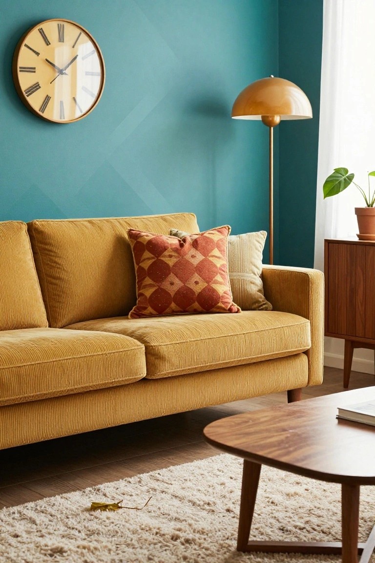 Mustard yellow corduroy three-seater sofa in a living room with teal blue geometric-patterned wall, gold arched floor lamp, wooden credenza and oval coffee table, white shag rug, and potted monstera plant near a window.