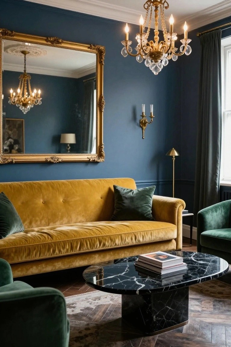 Living room with mustard yellow velvet sofa, green velvet armchairs, black marble oval coffee table, gold chandelier, large ornate gold mirror, and brass lamps against deep navy blue walls on parquet flooring.