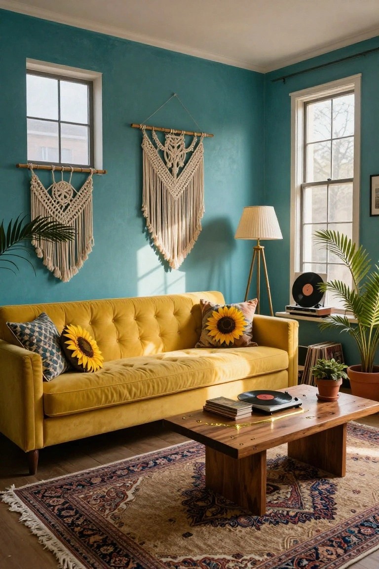 A cozy living room with teal walls, a mustard yellow velvet tufted sofa with sunflower pillows, macrame wall hangings, potted plants, a wooden coffee table, vinyl records, and a patterned rug on hardwood floors.