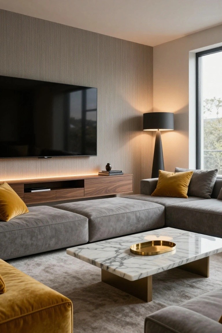 Modern living room with L-shaped gray sofa topped by yellow velvet pillows, walnut media console under mounted TV, marble coffee table holding gold tray, black floor lamp, and window with outdoor view.