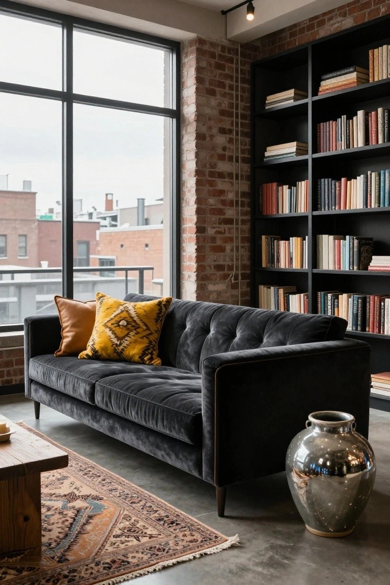 Black velvet sofa with yellow patterned pillow and orange pillow in a brick-walled living room featuring black bookshelves, large windows, wooden coffee table, patterned rug, and silver vase.