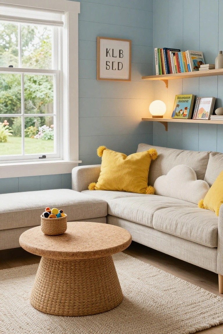 Light blue paneled room with cream L-shaped sofa topped by yellow pom-pom pillows and white cloud pillow, wooden floating shelves holding books and vase, cork pedestal coffee table with rattan basket of toys, and window to garden.