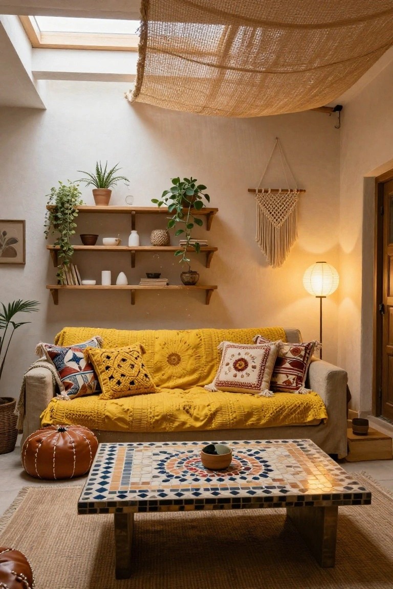 A beige sofa draped with a yellow knit throw and assorted colorful pillows in a boho-style living room featuring wooden shelves with plants, a mosaic-tiled coffee table, and a paper lantern lamp.