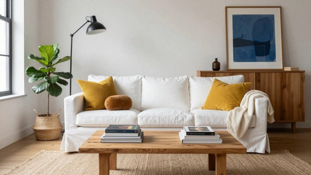 A white linen sofa with multiple yellow textured pillows, a wooden coffee table stacked with books, yellow floor pillow, seagrass rug, and fireplace in a light-colored living room.