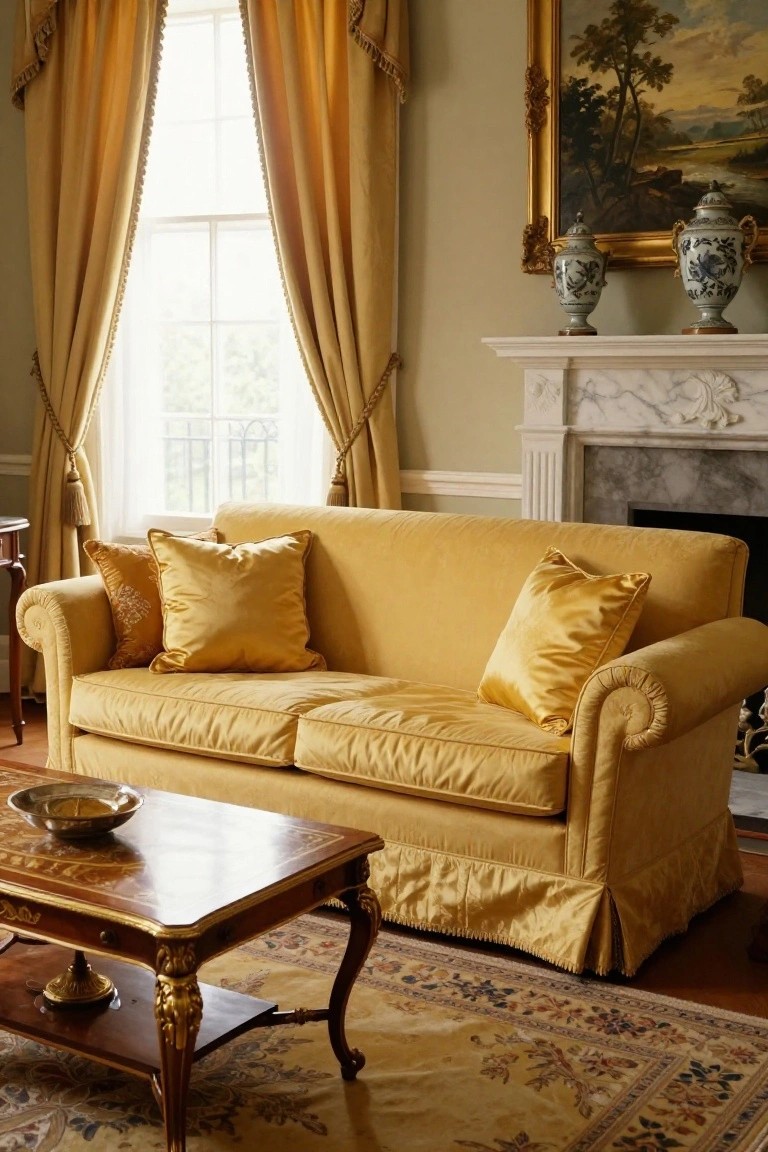 A yellow velvet sofa with multiple yellow silk pillows sits in a traditional living room featuring gold curtains, a marble fireplace, Chinese vases on the mantel, and a patterned rug.