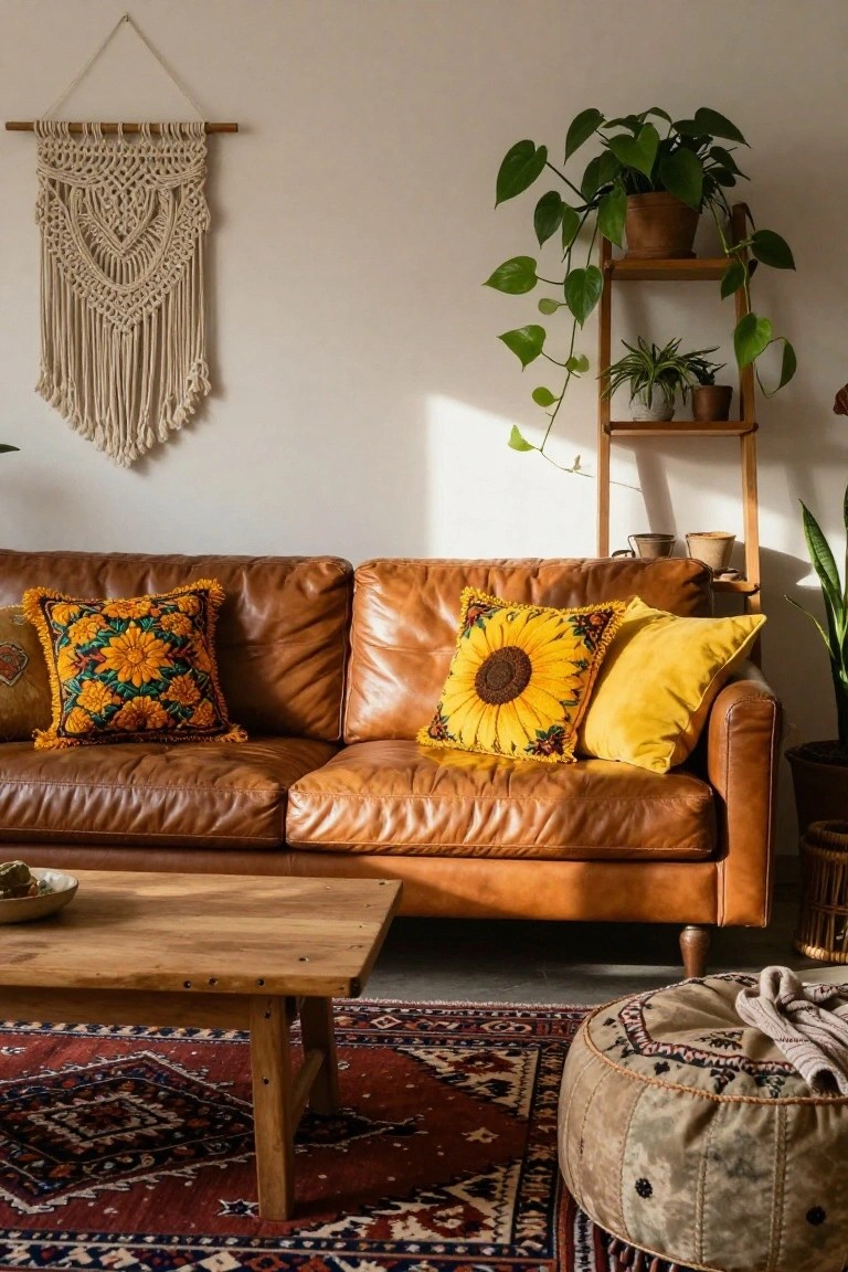 Brown leather sofa with sunflower pillows beside wooden shelves and macramé wall hanging.