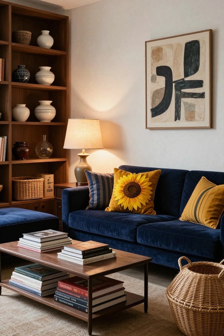 Living room interior with navy velvet sofa featuring large yellow sunflower pillows and striped cushions, wooden bookshelves with vases and books, coffee table stacked with books, lamp on side table, and abstract wall art.