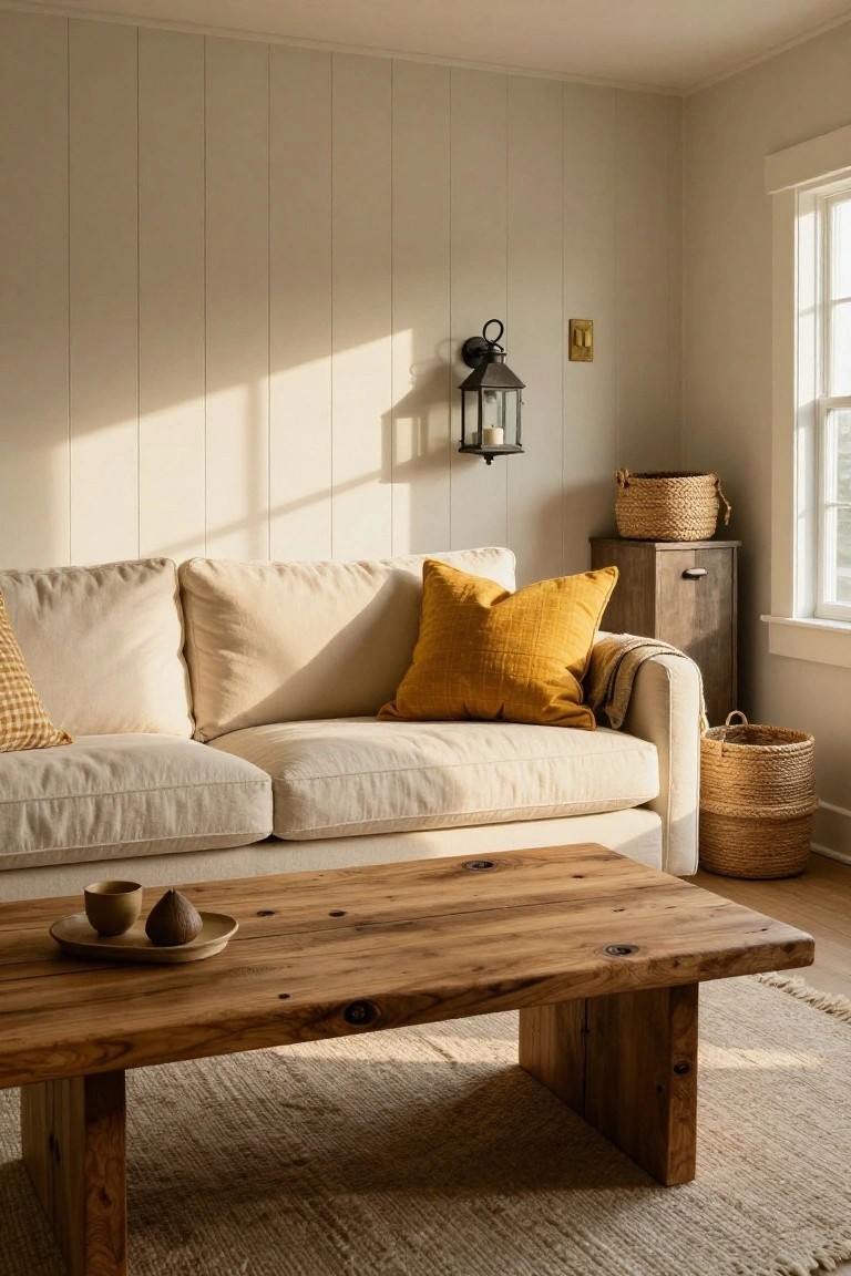 Light beige shiplap-walled living room with cream linen sofa topped by yellow and checkered pillows, rustic wood coffee table holding ceramics, seagrass rug, wicker baskets, and wall lantern near window.