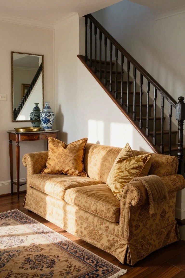 Sunlit interior corner with a beige-gold floral-upholstered sofa piled with large gold velvet pillows, beside a wooden console table holding two blue porcelain vases and a brass tray, dark wooden stairs in the background, and a patterned rug on wood floors.