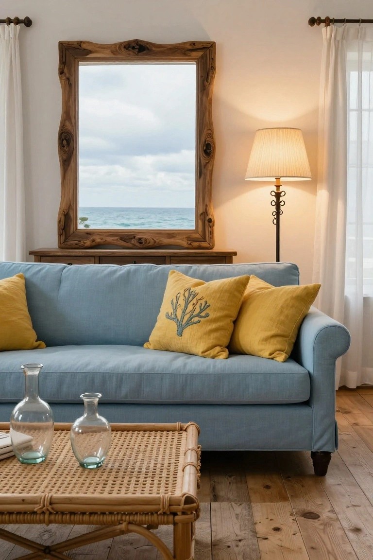 Light blue sofa with yellow pillows in a white living room, large driftwood mirror reflecting ocean view, rattan coffee table with glass vases, floor lamp, and white curtains.