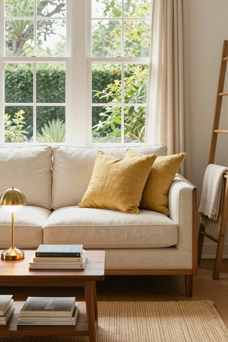 A cream-colored linen sofa with several yellow textured pillows in a bright living room, large windows showing garden views, wooden coffee table with stacked books, gold lamp, and ladder nearby.