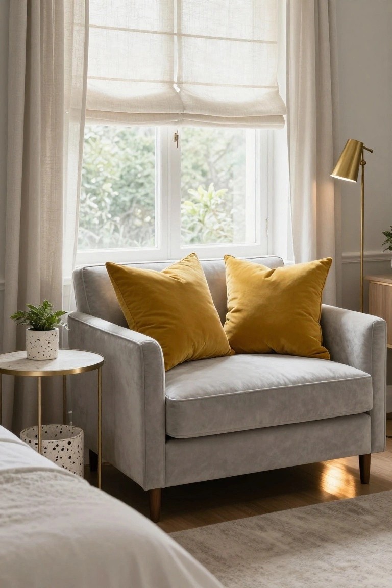 Gray upholstered armchair with two large mustard yellow velvet pillows, beside a bed and gold side table with potted plant in a light-filled bedroom with sheer curtains and roman shades on the window.